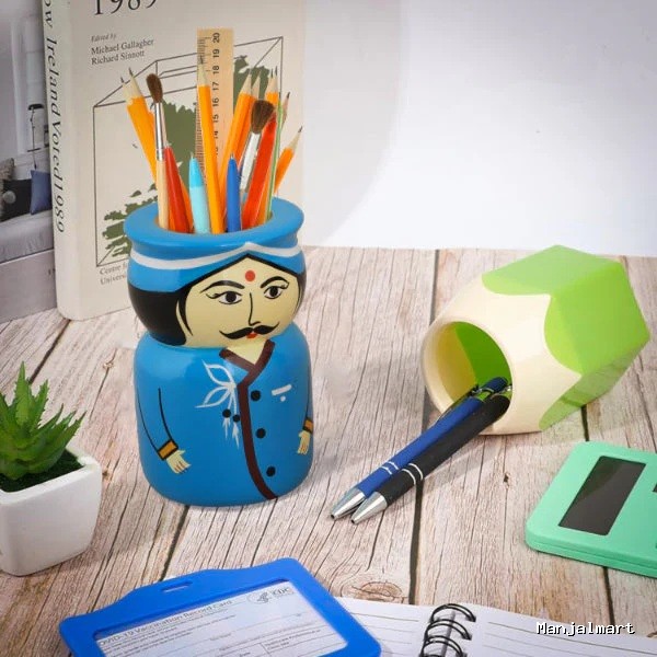 Pen Stand Set - 4 Inches | 2 Pcs/ Wooden Pen Holder/ Raja Rani Design Pen Stand for Desk